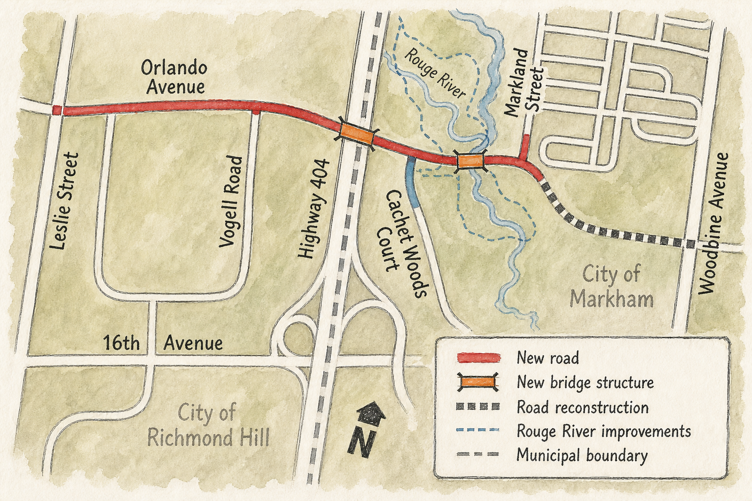 Editorial sketch of Mid-block Crossing over Highway 404, showing the completed bridge and approaches.