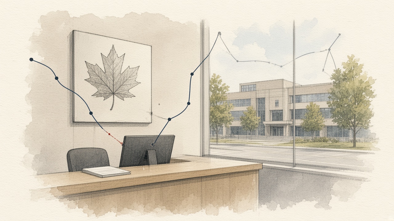 Editorial watercolor sketch of a Markham civic desk with a computer, a maple leaf on the wall, and soft ink lines showing secure digital pathways toward City Hall.