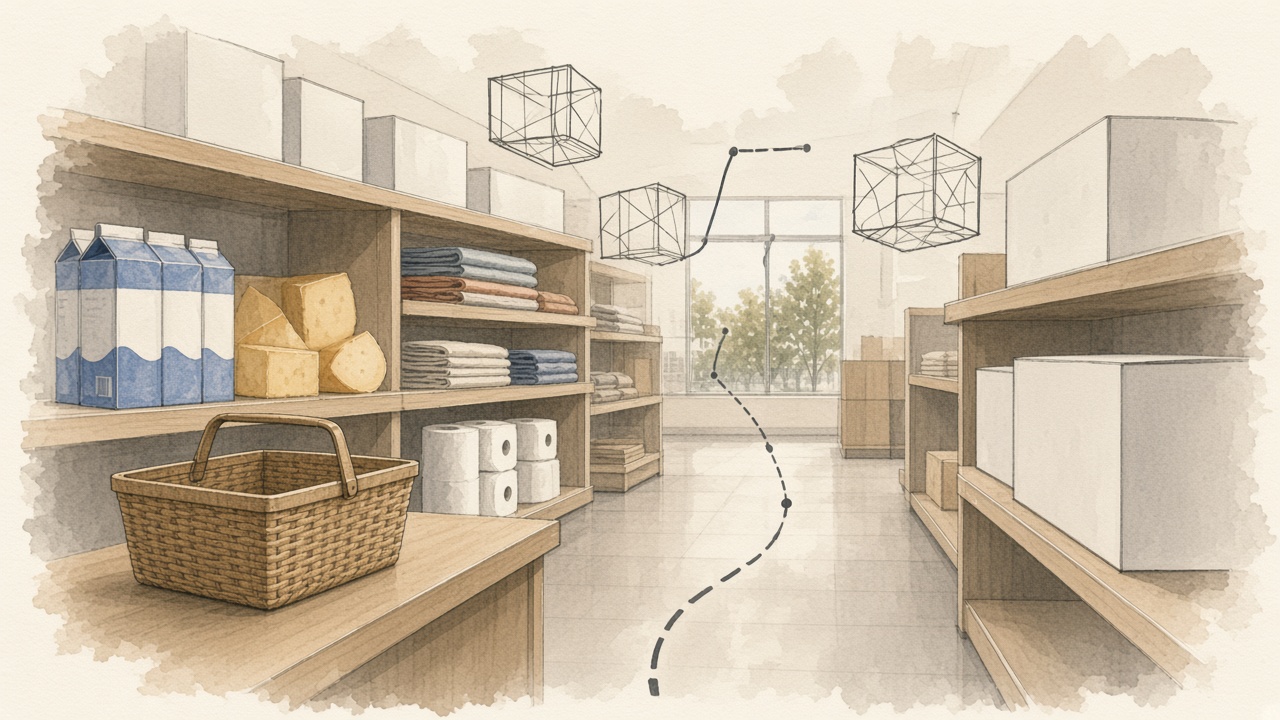 Editorial watercolor sketch of a grocery aisle with plain everyday goods, a shopping basket, and soft dashed lines linking shipping crates to show cross-border supply routes.