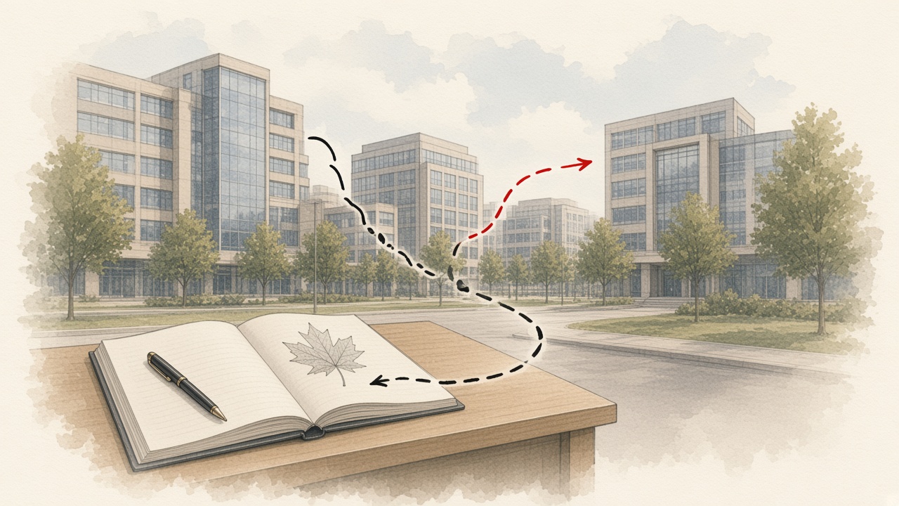 Editorial watercolor sketch of a Markham tech campus skyline with soft ink paths suggesting long-horizon capital flowing toward Canadian innovation, on textured paper with a quiet red accent.